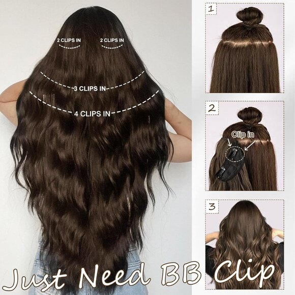 New Clip-in Hair Extensions Dark Brown 4PCS Long Wavy Soft Thick Synthetic - Picture 5 of 6